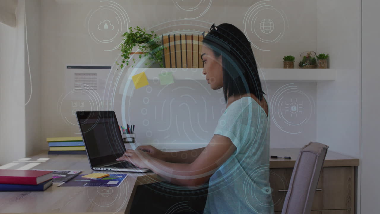 Working on laptop, woman at home with digital network animation overlay