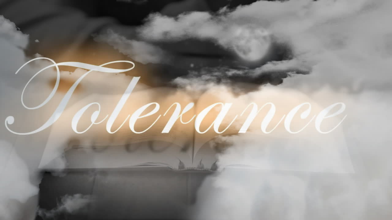 animación de piedad tolerancia fe llamadas espirituales textos sobre nubes y manos con libro