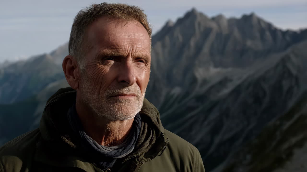 Portrait of a Mature Man with a Beard in a Mountainous Landscape