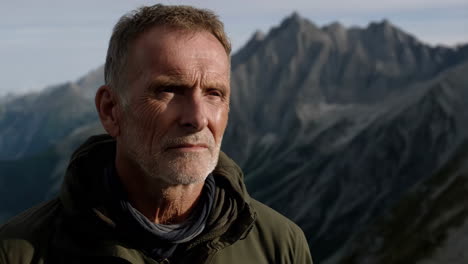 portrait of a mature man with a beard in a mountainous landscape