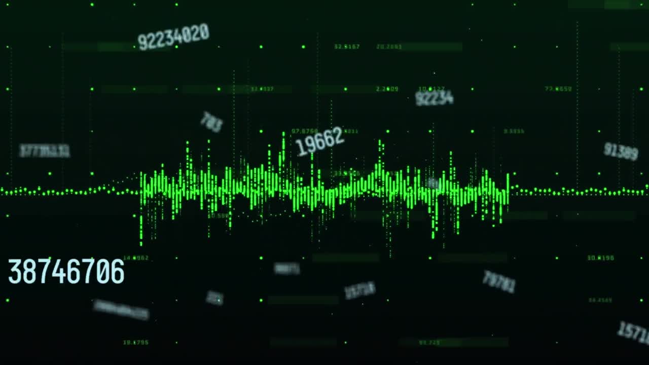 Animation of financial data processing over black background