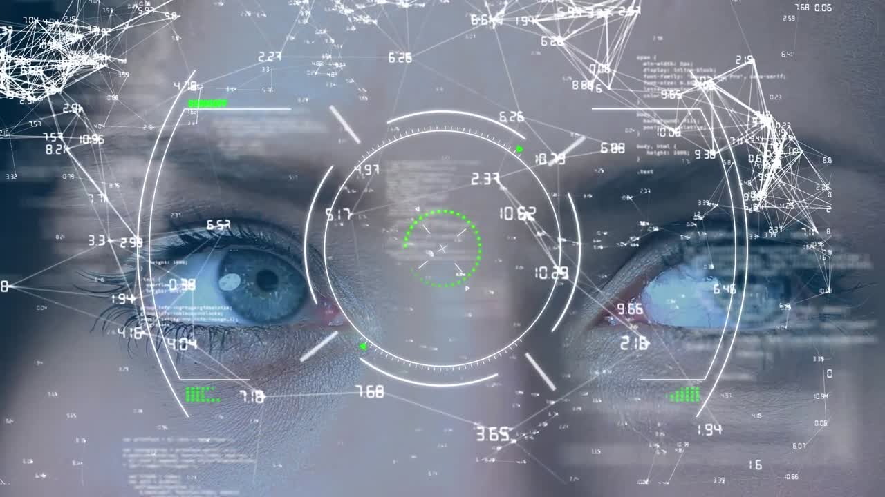 Animation of scope with data processing over woman's face