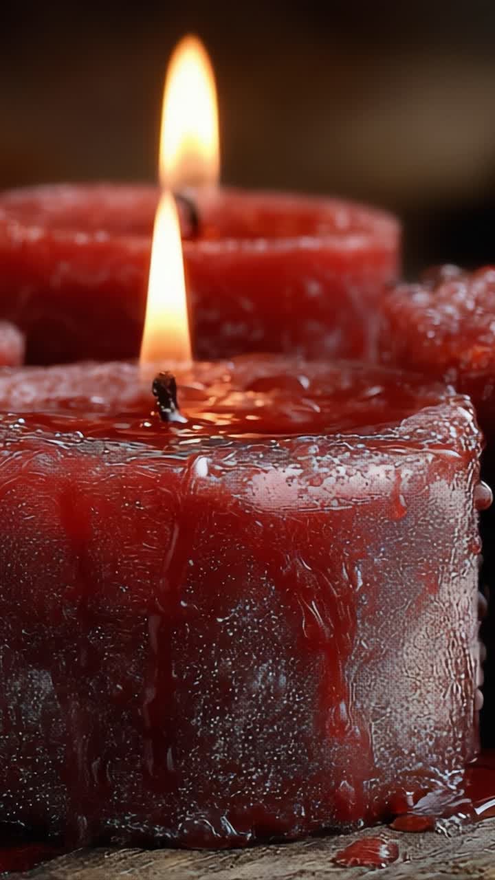 Un primo piano di candele rosse luminose con fiamme tremolanti, caratterizzate da una sottile texture lucida e cera che si scioglie, creando un'atmosfera calda e accogliente.