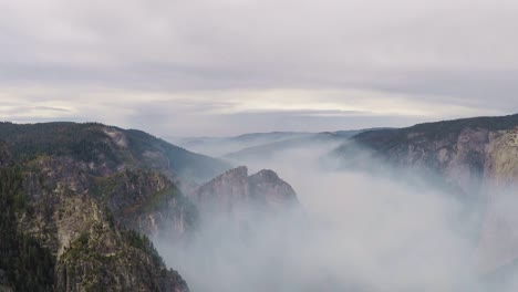 fog in valley of yosemite national park during cloudy day in nature