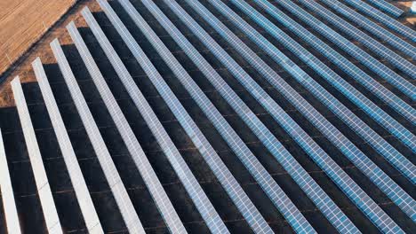drone view of solar power panels on black autumn fields at sunset. aerial view