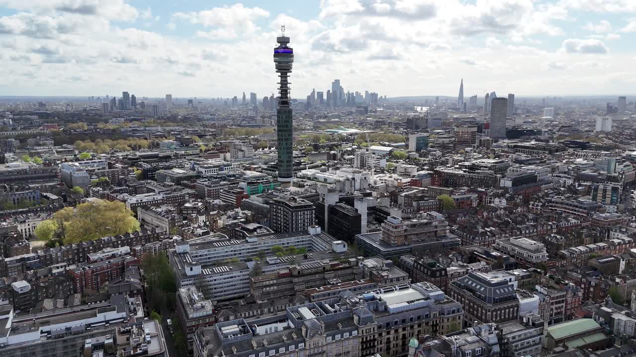 London skyline and BT tower silhouetted against city skyline