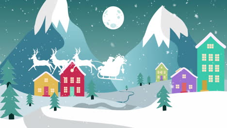 santa''s sleigh and reindeer flying over snowy village animation