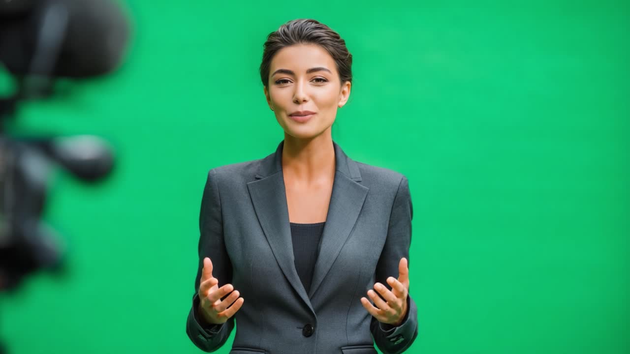 Confident Woman Presenting Against Green Screen Background, Engaging Audience with Poised Expression and Professional Attire, Showcasing on Camera Skills with Dynamic Presence