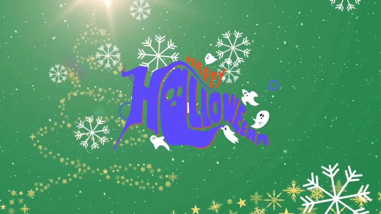 녹색 배경에 행복한 할로윈 텍스트 위에 내리는 눈의 애니메이션.