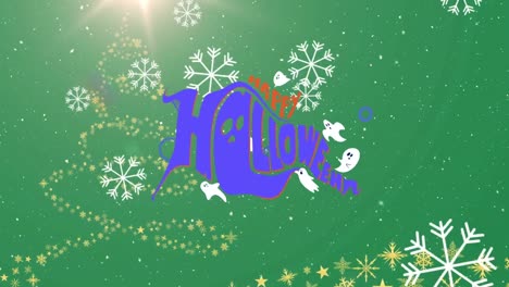 Animation-of-snow-falling-over-happy-halloween-text-on-green-background