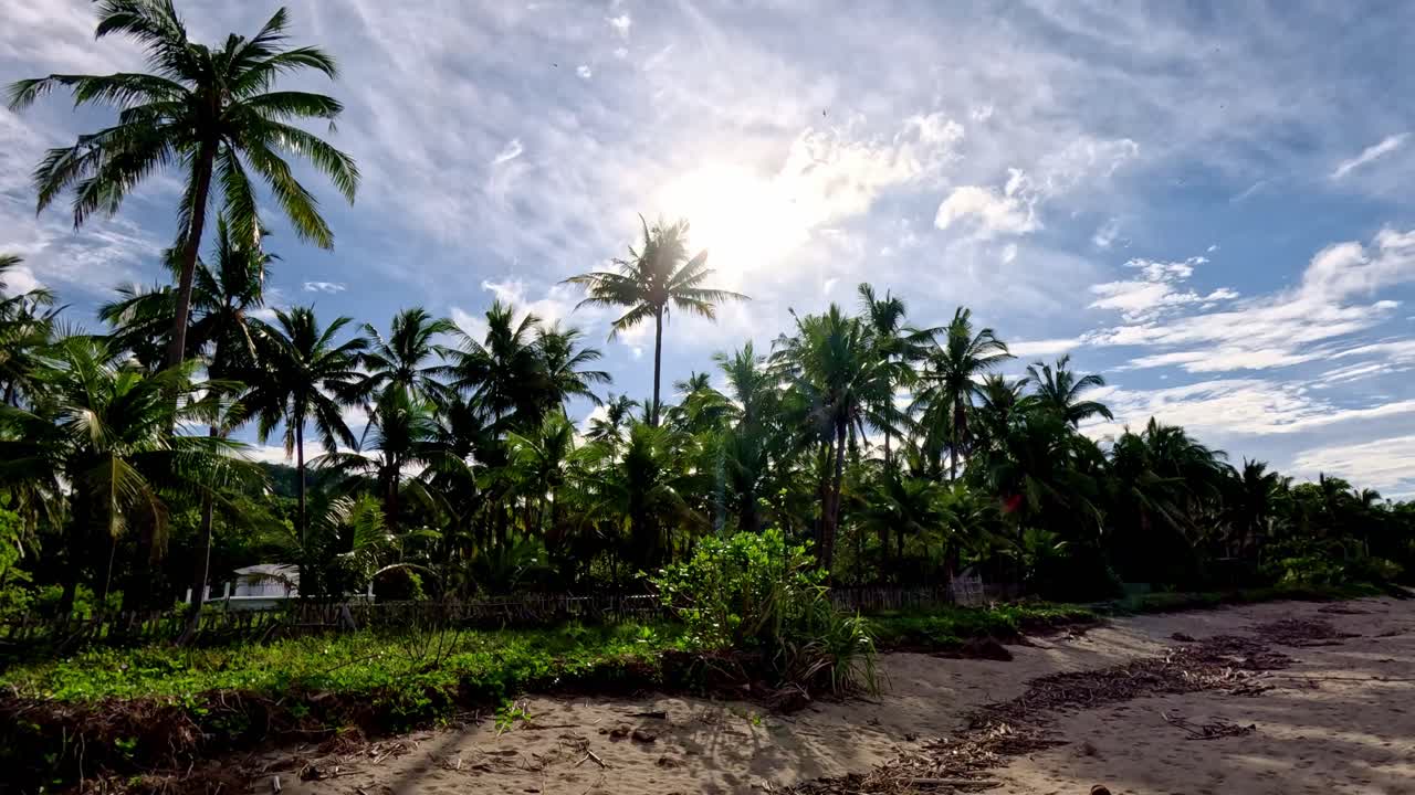 Panning right from the lush coconut tree lined horizon to reveal the vast empty shores of Sugar Beach in Sipalay, Negros Occidental, Philippines