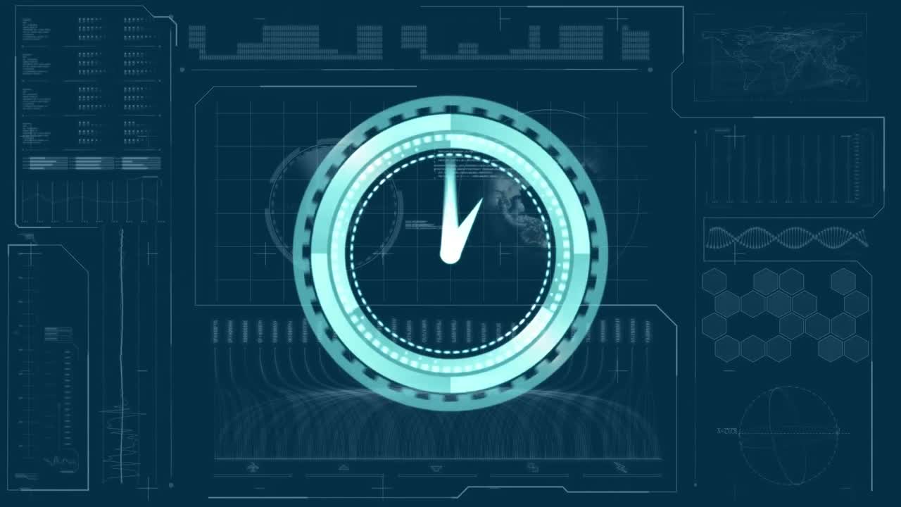 Neon blue clock ticking against digital interface with data processing on blue background