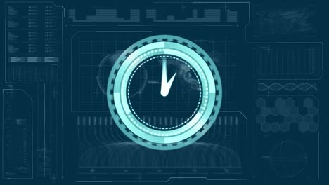 reloj de neón azul haciendo tictac frente a la interfaz digital con procesamiento de datos en fondo azul
