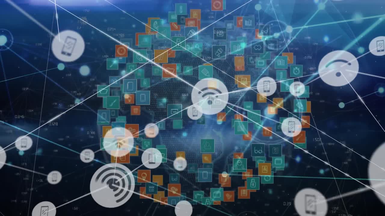 animación de una creciente red de iconos wifi y medios que transfieren datos a través del mundo de los iconos