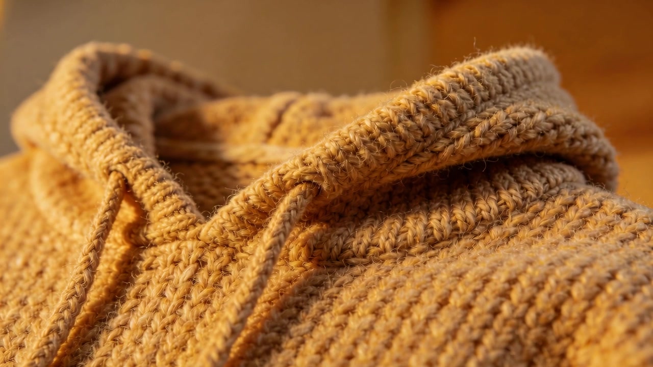La fotocamera inizia a mettere a fuoco un maglione con cappuccio beige in una stanza calda, mostrando la trama a maglia e i cordoncini.