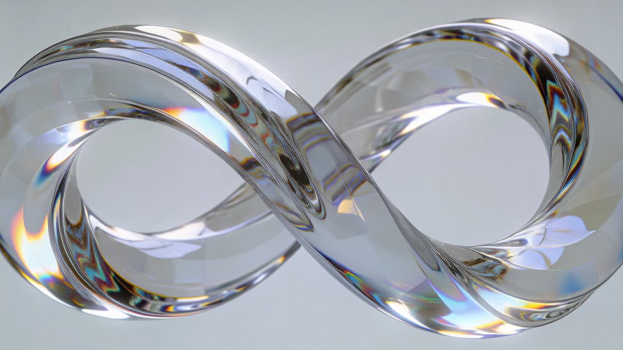 Rotating glass infinity loop object pivoting in gray studio frames causing window flare and prism
