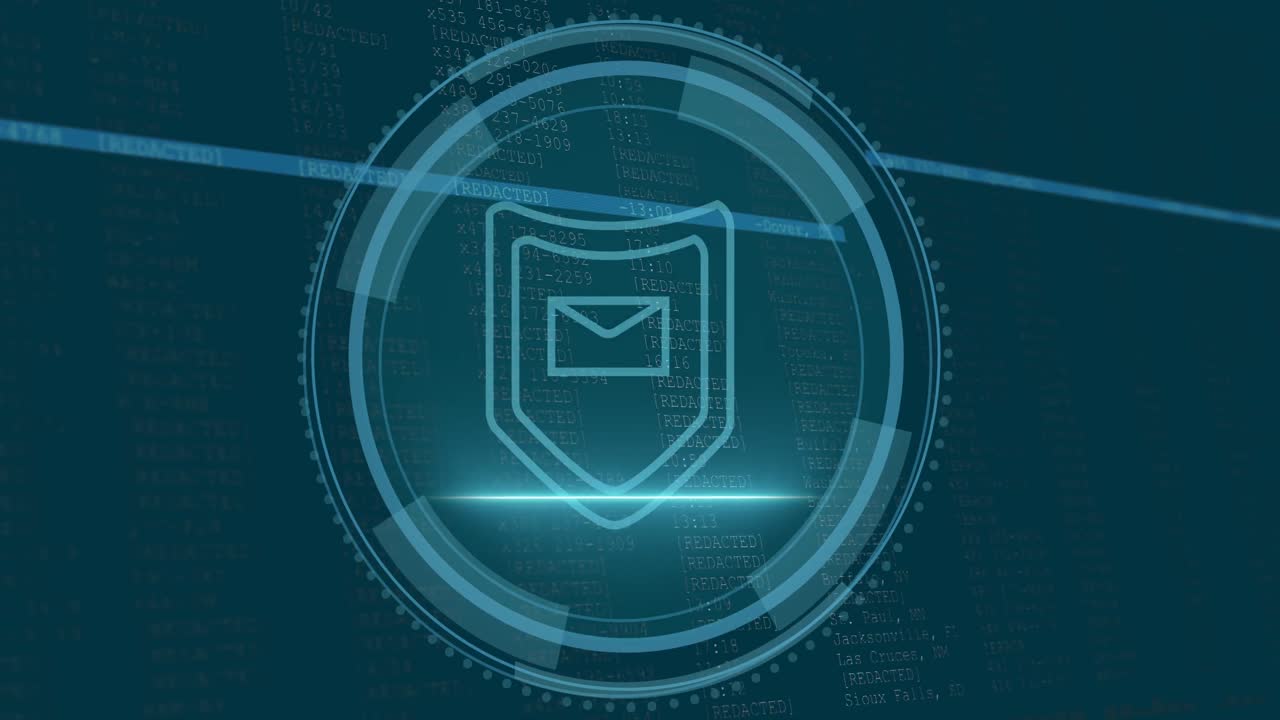 Animation of data processing and shield over blue background