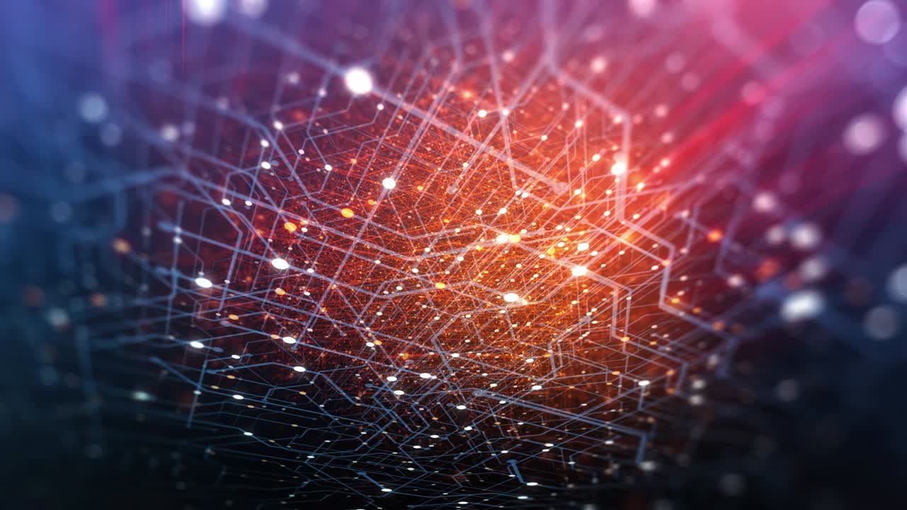 Abstract tech background made of printed circuit board. Depth of field effect and bokeh. internet connections, cloud computing and neural network, big data. 3D render, 4K seamless loop