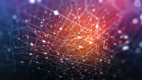 abstract tech background made of printed circuit board. depth of field effect and bokeh. internet connections, cloud computing and neural network, big data. 3d render, 4k seamless loop