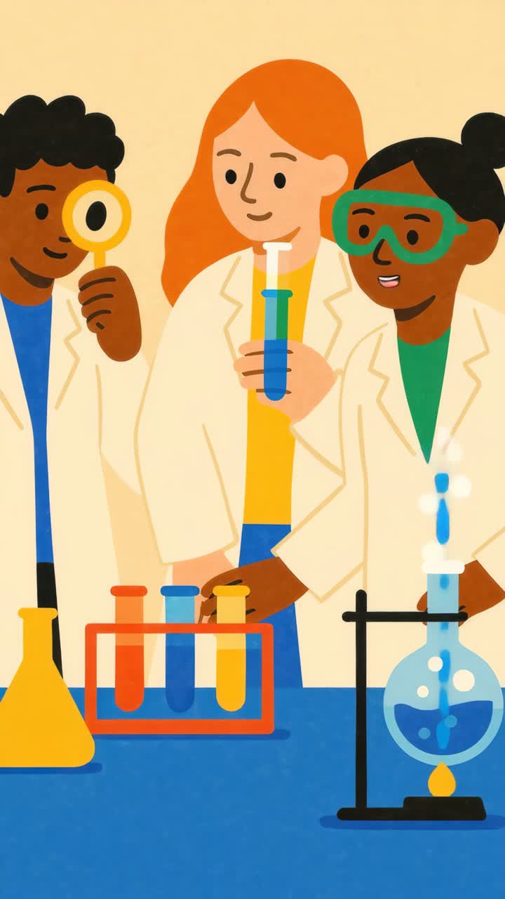 Animated Children Learning and Experimenting in a Science Lab