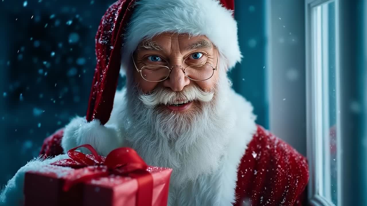 A man dressed as Santa Claus holding a red gift box