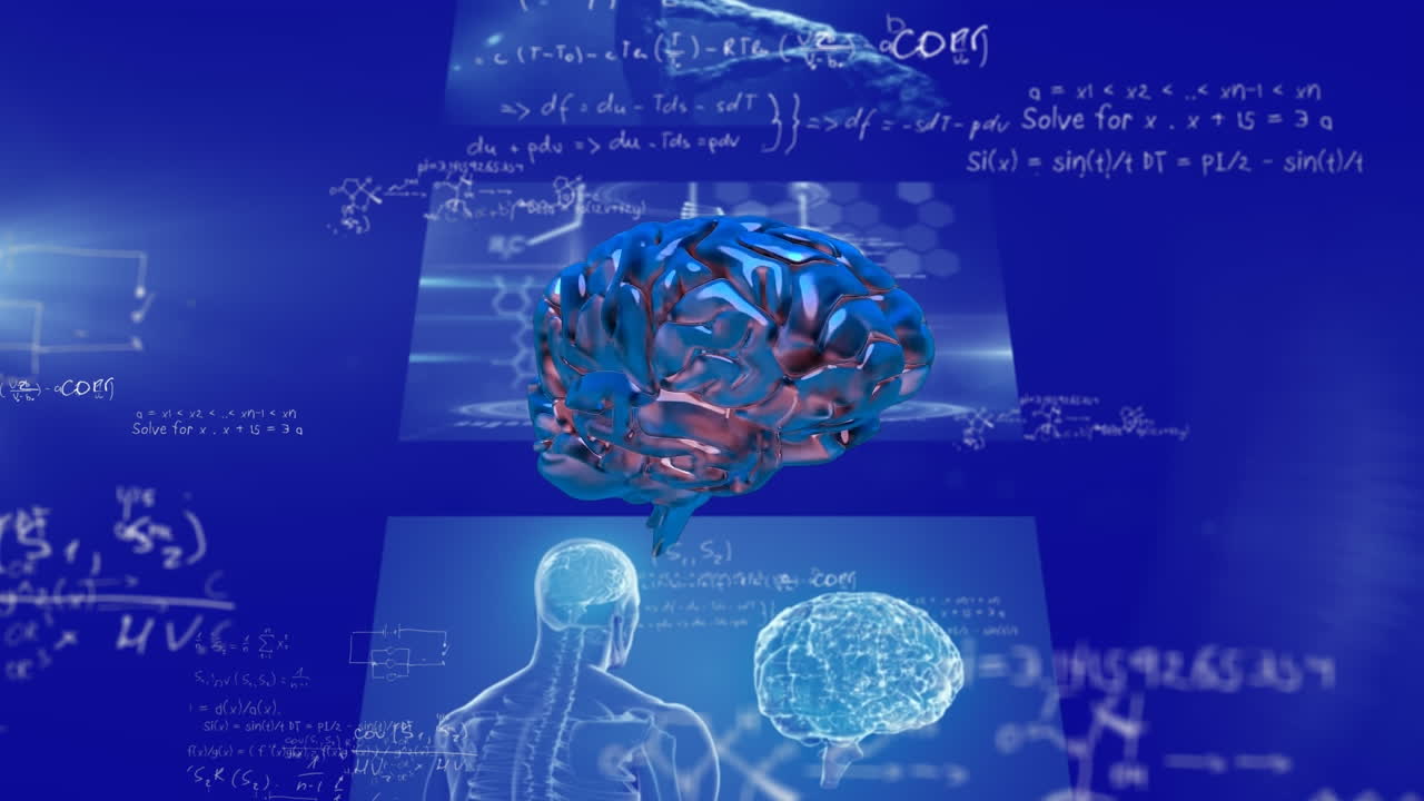 Animation of science data processing over screens on blue background