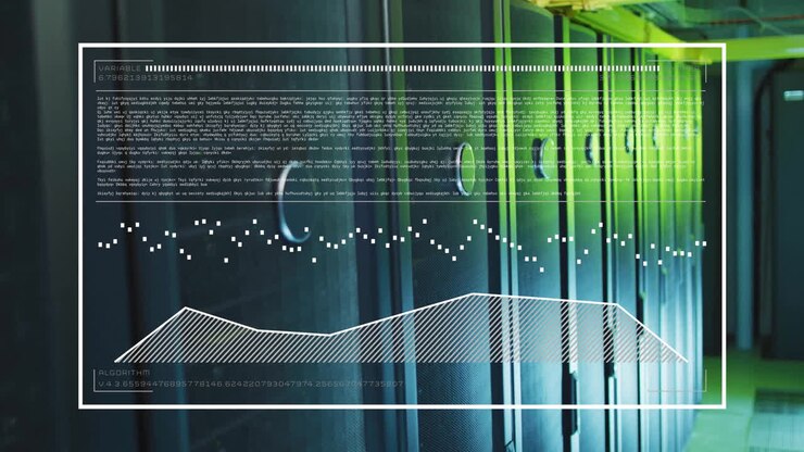Dataanalyse og algoritmeanimasjon over serverrack i datasenter