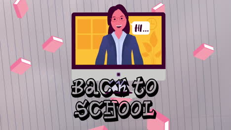 animación del texto de regreso a la escuela, el maestro en la pantalla y los iconos de libros rosados en fondo gris.