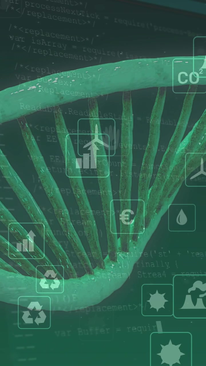 Animazione di un filamento di DNA che ruota su icone digitali di ecologia.