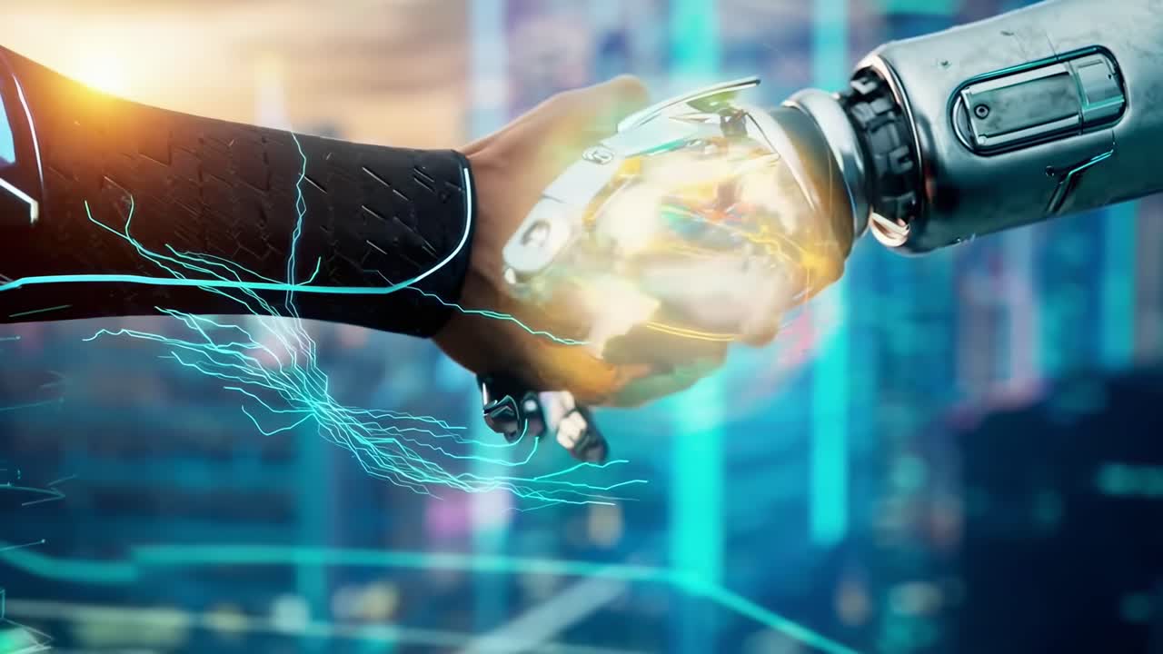 Futuristic video concept of human and robot handshake, close-up angle, cityscape backdrop