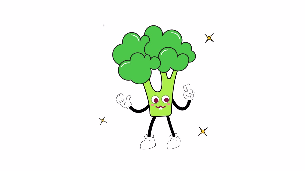 Personaggio broccolo di cartone animato che balla e fa il segno della pace