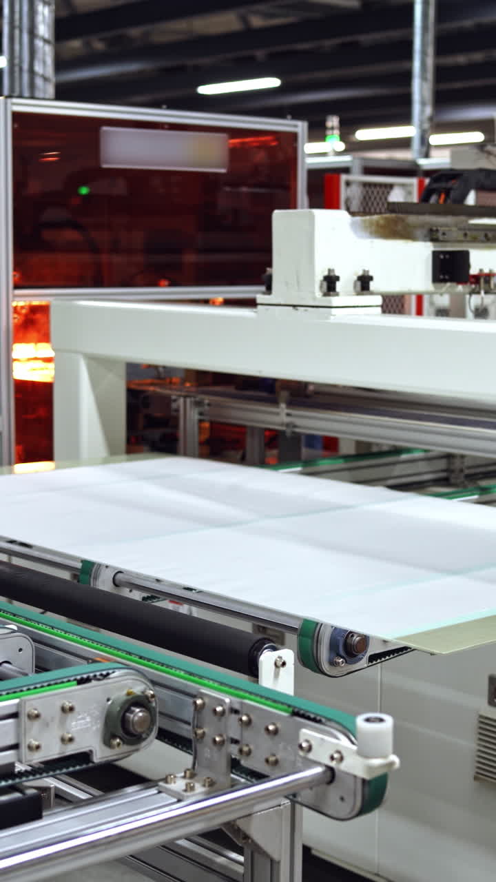 Solar energy panels production. Industrial robot working in solar panel factory. Vertical video