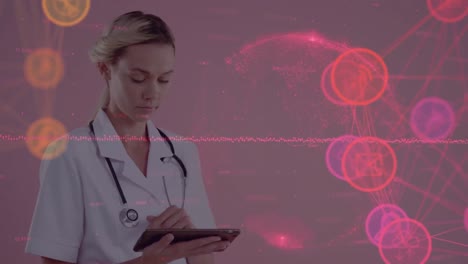 Animation-of-icons-connected-by-lines,-globe-and-female-caucasian-doctor-using-digital-tablet