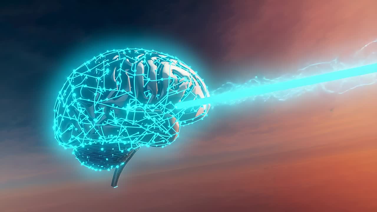 Floating brain model tracing neon-blue lines in digital sky, igniting core and launching neon beam