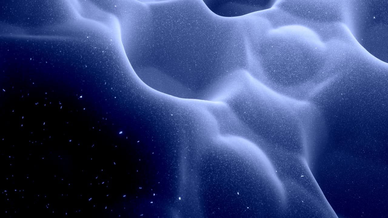 Stylish festive black bg. Fantastical abstract looped background, waves move on glossy surface like landscape made of liquid blue wax with sparkles. Beautiful soft background with smooth animation 4k