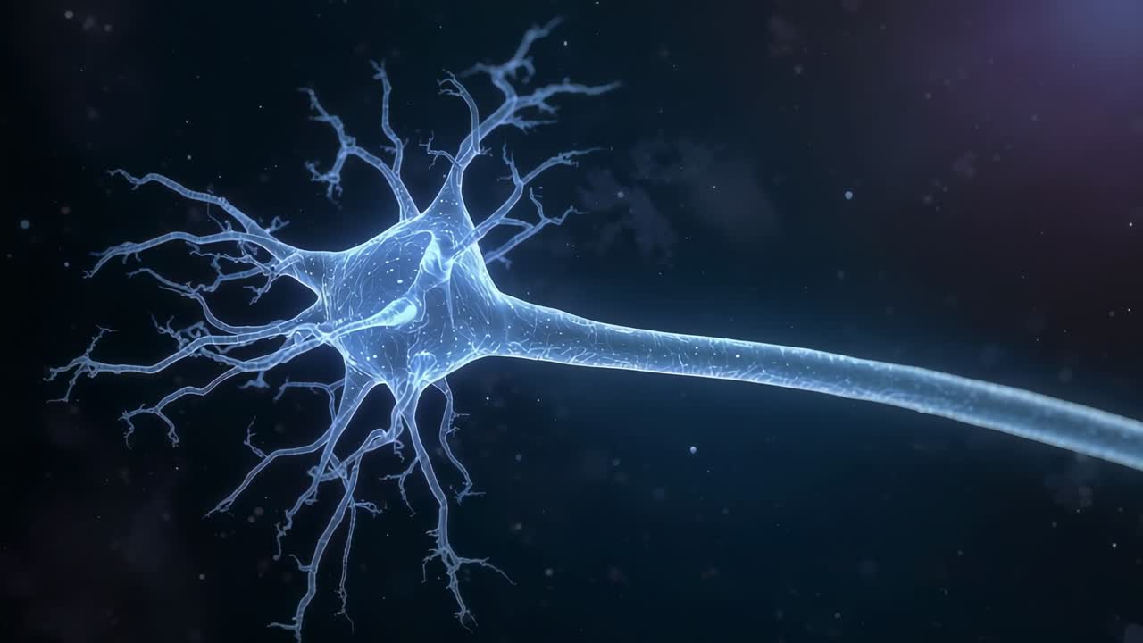 Camera approaching neuron model in microscale visual, revealing glowing soma, dendrites, axon