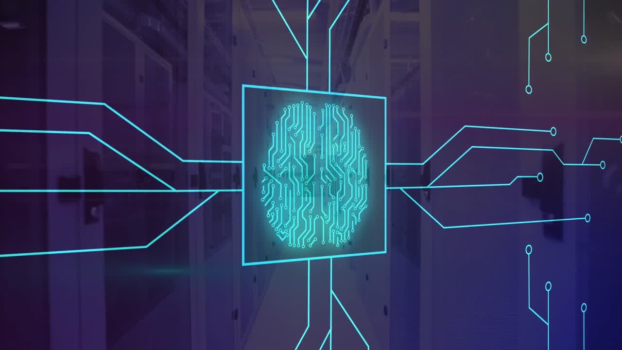 Animation of neon brain and network of connections over server room