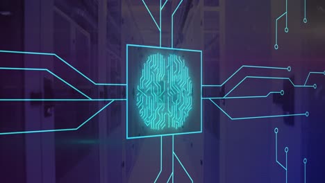animación de cerebro de neón y red de conexiones a través de la sala de servidores
