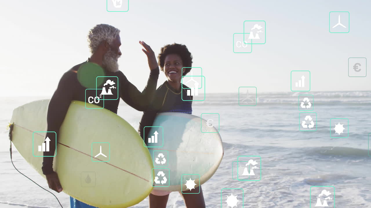 couple holding surfboards in shallow coastal water, displaying sustainability icons and bar charts