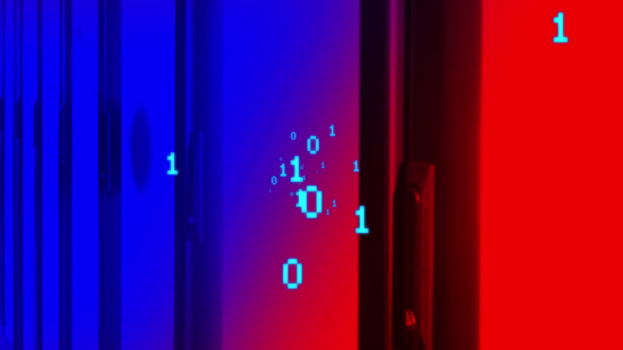 Animation of binary coding data processing against computer server room