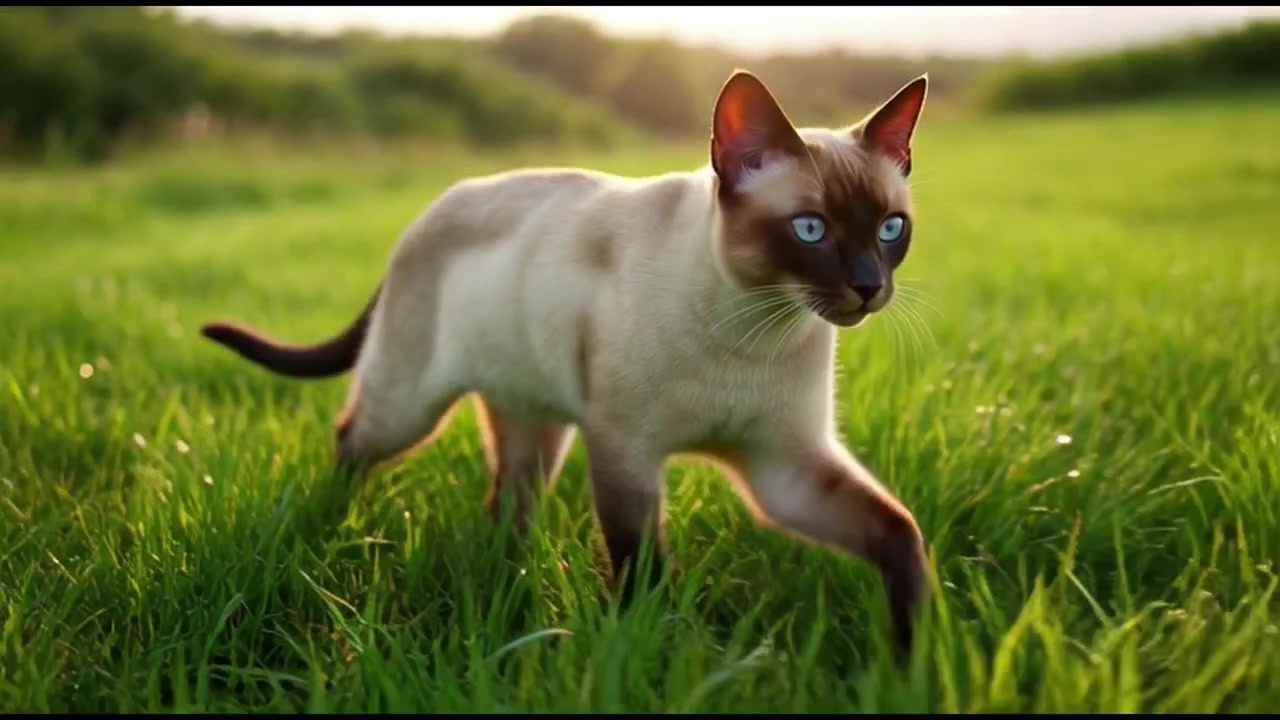 Gatto siamese che passeggia nell'erba verde in un prato
