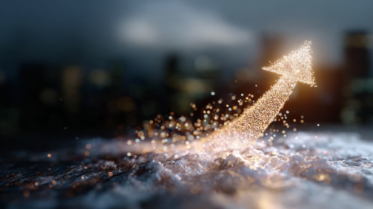 Dynamic Sparkling Arrow Rising Above a Textured Surface Symbolizing Progress and Achievement in a Distant Urban Environment at Dawn
