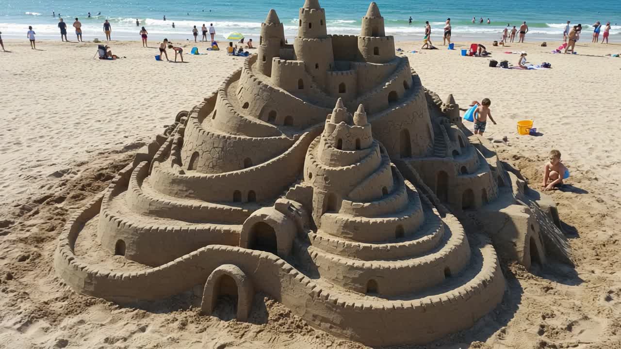 An Impressive Sandcastle Masterpiece Built on the Beach Showcasing Castle Towers, Intricate Designs, and Architectural Features Amidst Beachgoers Enjoying the Sun