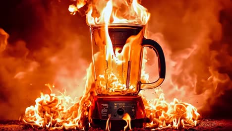 a blender on fire with a glass of liquid in it