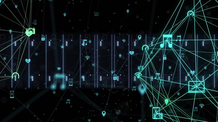 Animation of networks of connections with icons over computer servers