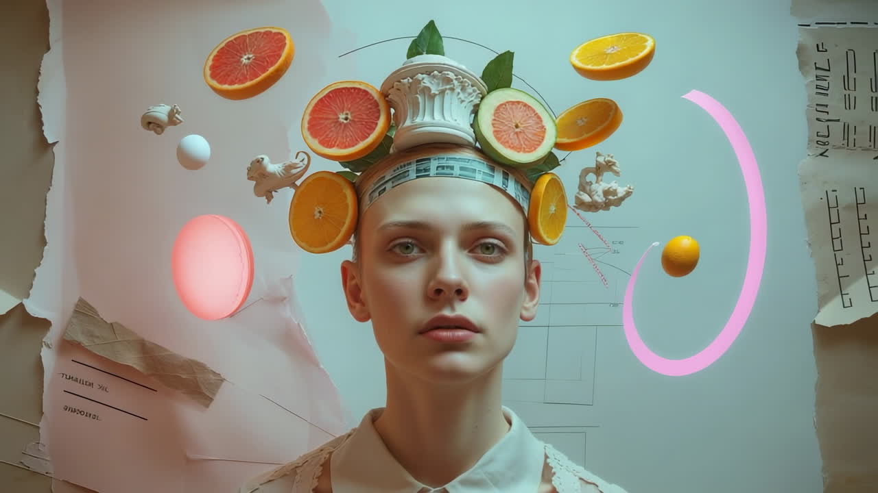 Surreal Portrait of a Woman with Floating Fruit and Sculptural Elements