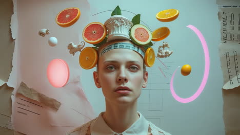 surreal portrait of a woman with floating fruit and sculptural elements