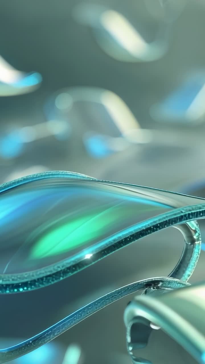 Vertical video: Revealing translucent curved form undulating in digital scene, with floating shapes