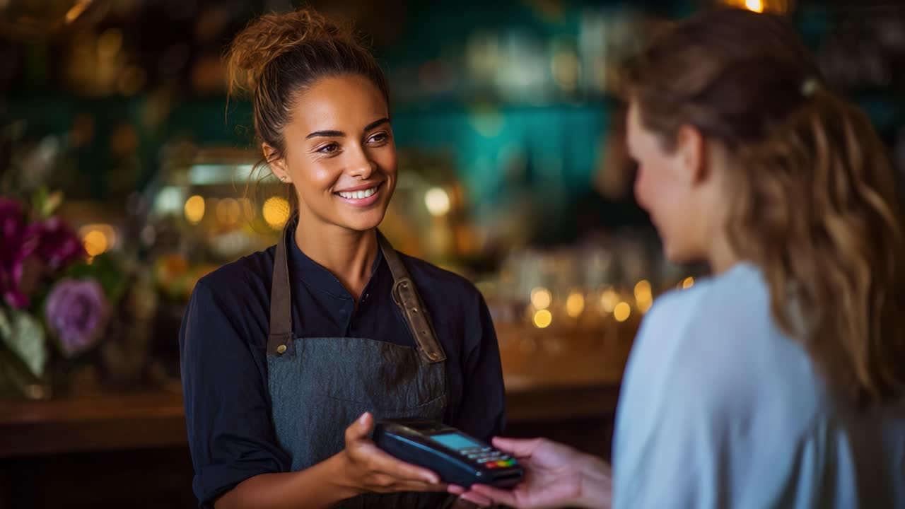 Varm og indbydende kundeservicescene i en hyggelig café, der viser en smilende barista, som hjælper en kunde med en betalingsenhed