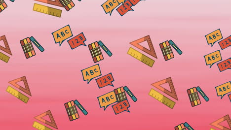 animation of abc and 123 text in speech bubbles with rulers and books floating on pink